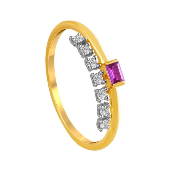 14K Diamond-studded Gold Ring With A Pink Rectangular Stone Set In The Centre on Sale