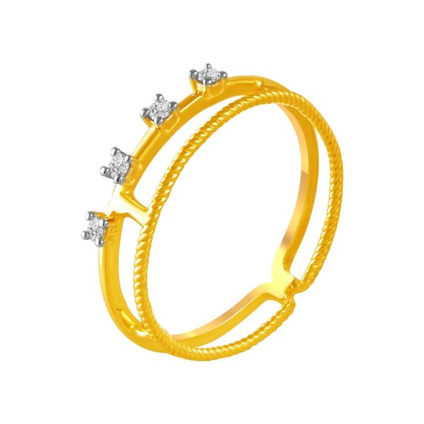 14K Diamond-studded Gold Ring With A Double-band Design And A Twisted, Rope-like Band Overlapping A Plain Band Sale