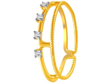 14K Diamond-studded Gold Ring With A Double-band Design And A Twisted, Rope-like Band Overlapping A Plain Band Sale