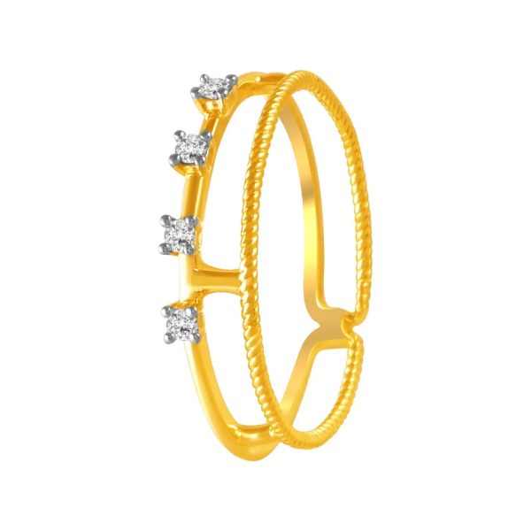 14K Diamond-studded Gold Ring With A Double-band Design And A Twisted, Rope-like Band Overlapping A Plain Band Sale