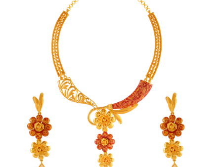 22k Unique Gold Jewellery Set With Beautiful Floral Design Online Hot Sale