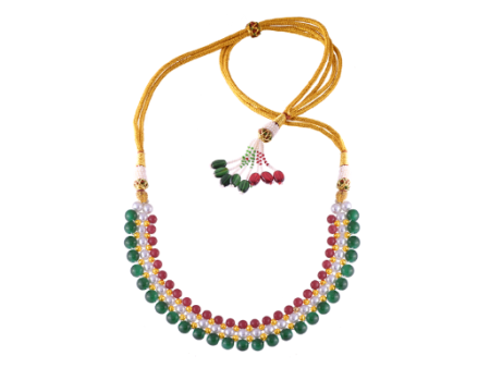 22k Intricate Pearl Gold Tushi Necklace With Red & Green Beads For Cheap