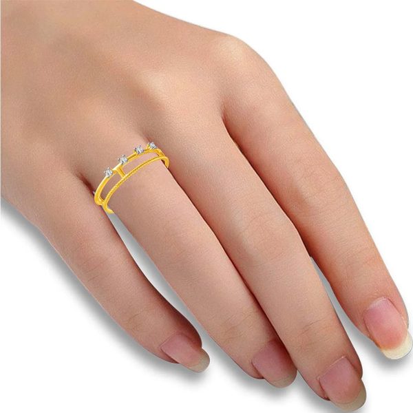 14K Diamond-studded Gold Ring With A Double-band Design And A Twisted, Rope-like Band Overlapping A Plain Band Sale