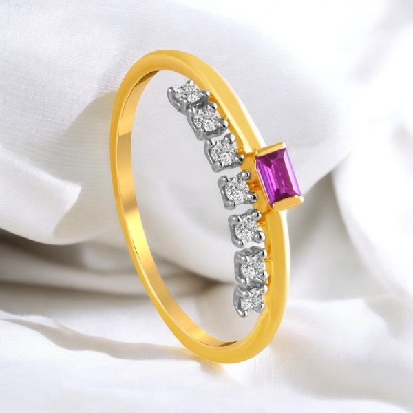 14K Diamond-studded Gold Ring With A Pink Rectangular Stone Set In The Centre on Sale