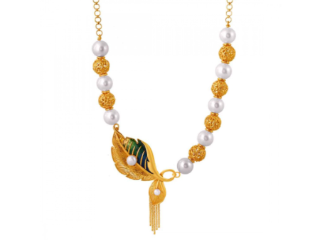 Exquisite 22k Gold & Pearl Necklace With Peacock Feather Detailing For Discount