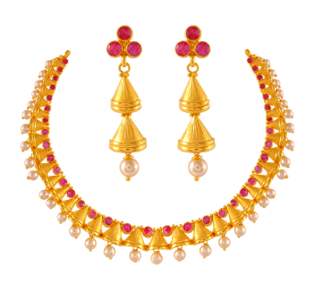 22k Gold Necklace Earrings Set For New Brides With Pearl & Red Stones Hot on Sale